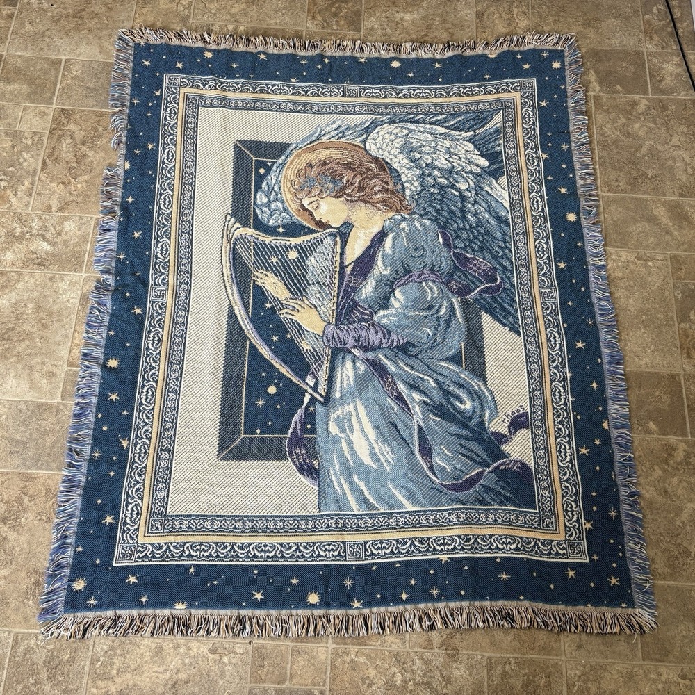 Hallmark Goodwin Weavers Blue Angel Of Love Tapestry Fringe Throw Blanket ~45x55